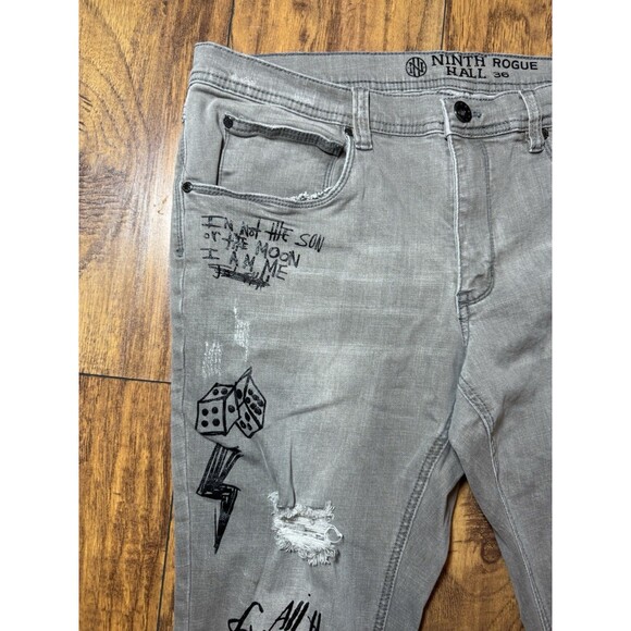 Ninth Hall Rogue Tapered Skinny Jeans Gray Smoke Print Distressed Streetwear 38 - Picture 3 of 12